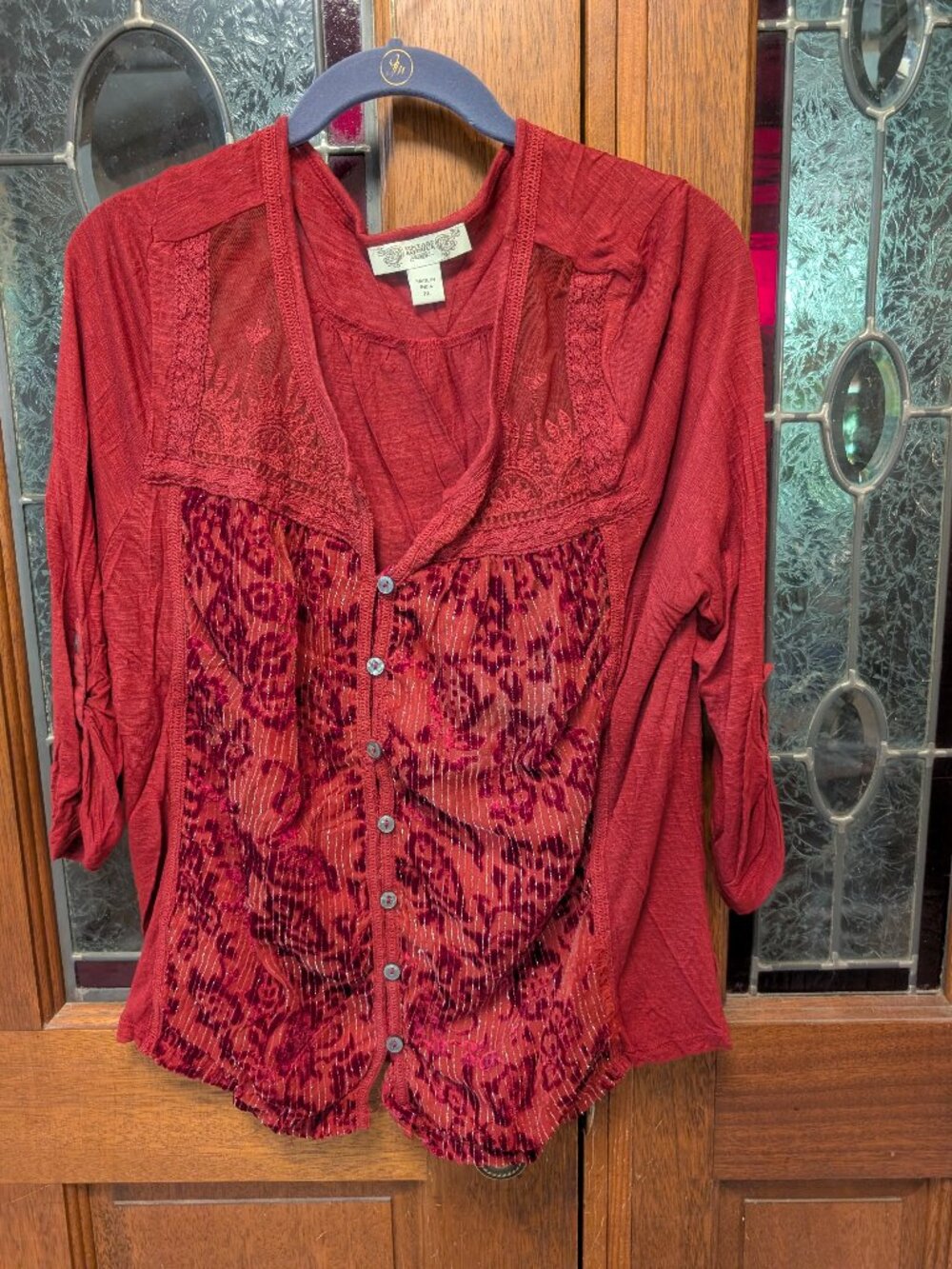 Womens RED long sleeve button down top, size XLarge